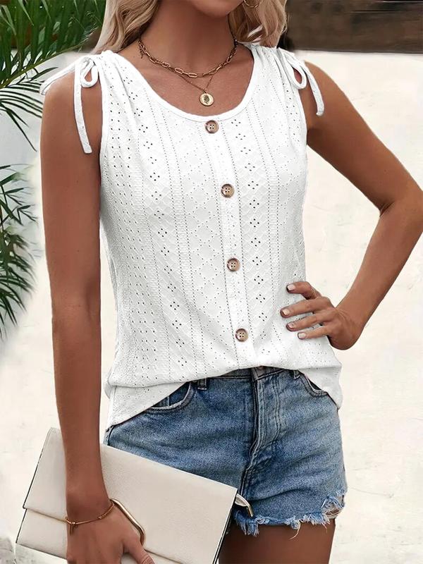 Women's Eyelet Embroidery Drawstring Tie Shoulder Tank Top, Casual Sleeveless Round Neck Button Decor Top, Women's Summer Clothes for Daily Wear, Vacation Outfits 2024