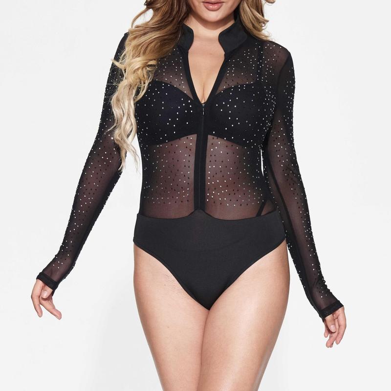 SEBOWEL Women Sexy Long Sleeves Mesh See Through Jumpsuit Party StyleBodysuit Top Leotard