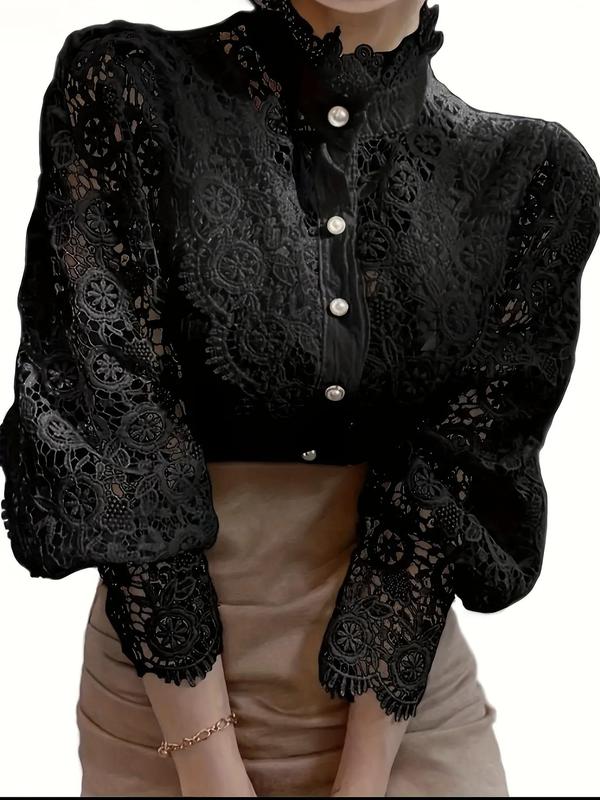 Plus Contrast Lace Button Front Long Sleeve Blouse, Elegant Bishop Sleeve Mock Neck Top for Spring & Fall, Women's Clothes for Daily Wear, Plus Size Blouses