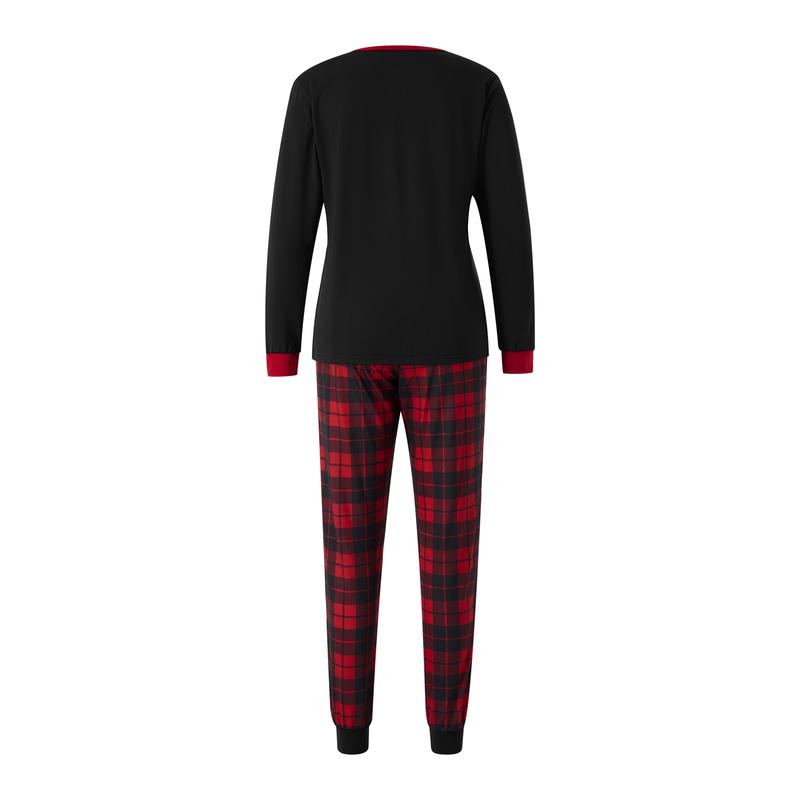 Matching Christmas Pajamas For Family, Letter & Snowflake Print Long-Sleeved Tops + Plaid Trousers Sleepwear Outfits