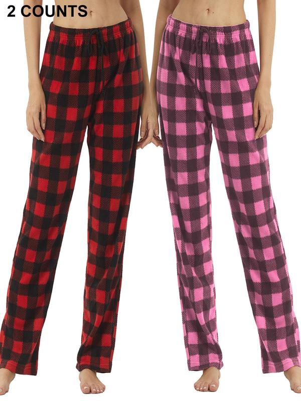 Women's Christmas Theme Plaid Print Drawstring Waist Soft Pajama Pants, Casual Comfy Fuzzy Sleep Bottoms for Winter, Lady's Sleepwear for Indoor Wear