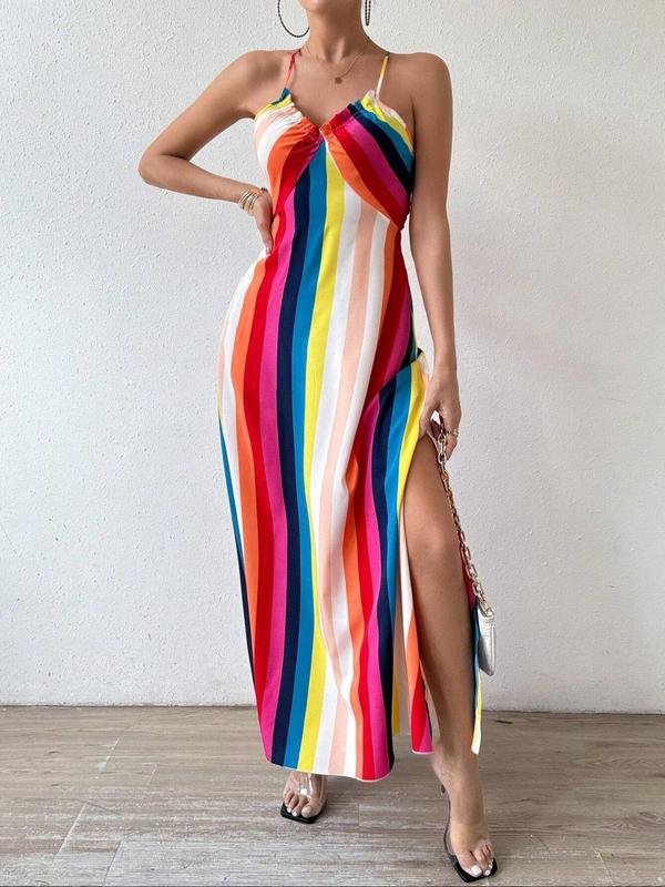 Women's Summer Ethnic Pattern Backless Split Thigh Cami Dress, Ladies Summer Clothes, Back To School Outfits, Boho Fashion Frill Trim Long Dress for Beach, Women's Summer Dresses