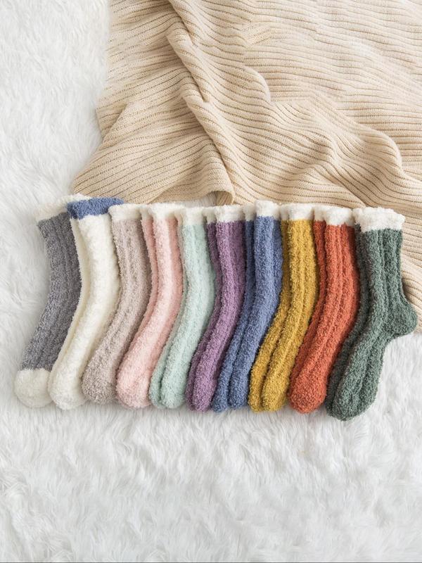 Women's 7 Pairs Colorblock Fuzzy Crew Socks, Stocking Gifts, Soft Comfy Warm Mid-calf Socks for Fall & Winter, Women's Socks for Daily Wear, Women's Gift Set, Cold Weather Gear, Fall Wear, Fallfreshness