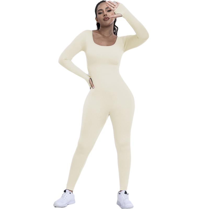 Kabuer Women's High Waisted Ribbed One-Piece Jumpsuit Abdominal Control Slim Womenswear Solid Cotton Skinny Comfort Longsleeves Collar Crew Neck