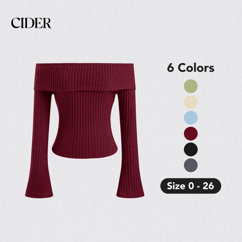 Cider [6 colors, Size 0-26] Off-shoulder Solid Long Sleeve Top