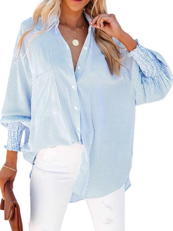 Women's Striped Print Flounce Sleeve Button Front Shirt, Casual Long Sleeve Collared Pocket Top for Spring & Fall, Women's Clothes for Daily Wear, Stockholm Outfit Style