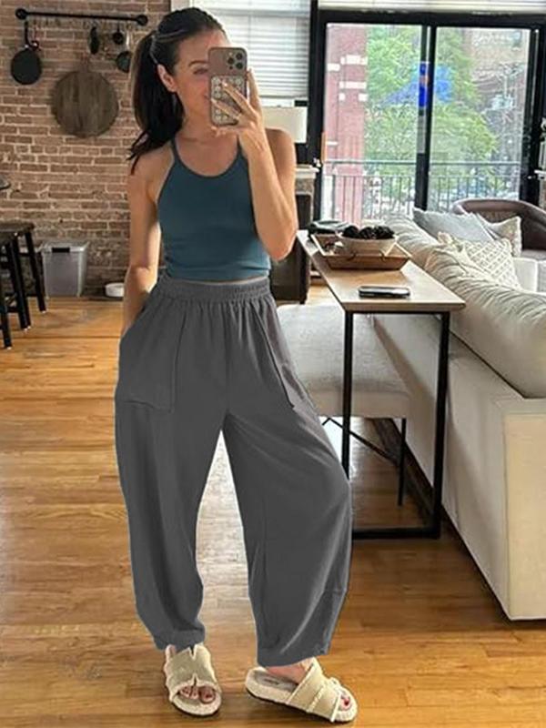 Women's Solid Color Pocket Elastic Waist Pants, Casual Comfy Tulip Hem Trousers for Daily Wear, Ladies Bottoms for All Seasons