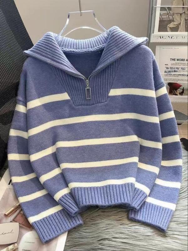 Women's Striped Print Zipper Drop Shoulder Sweater for Spring, Casual Long Sleeve Collared Jumper for Daily Outdoor Wear, Women's Knitwear Top for Fall, Downtown Girl Clothes