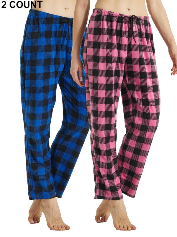 Women's Christmas Theme Plaid Print Drawstring Waist Soft Pajama Pants, Casual Comfy Fuzzy Sleep Bottoms for Winter, Lady's Sleepwear for Indoor Wear