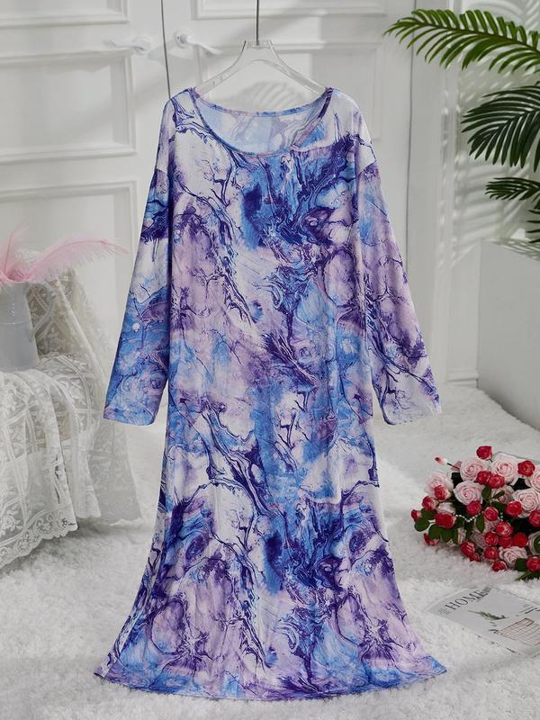  All Over Print Long Sleeve Nightdress, Casual Comfy Round Neck Nightgown for Women, Women's Sleepwear for Spring & Fall