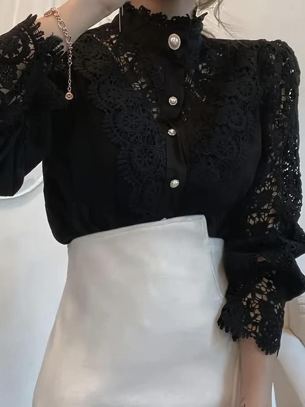 Plus Contrast Lace Button Front Long Sleeve Blouse, Elegant Bishop Sleeve Mock Neck Top for Spring & Fall, Women's Clothes for Daily Wear, Plus Size Blouses