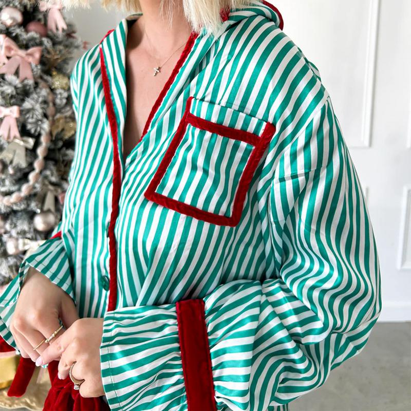 Women Christmas Two Piece Pajama Set Cute Print Long Sleeve Button Down Shirt Elastic Shorts Holiday Sleepwear