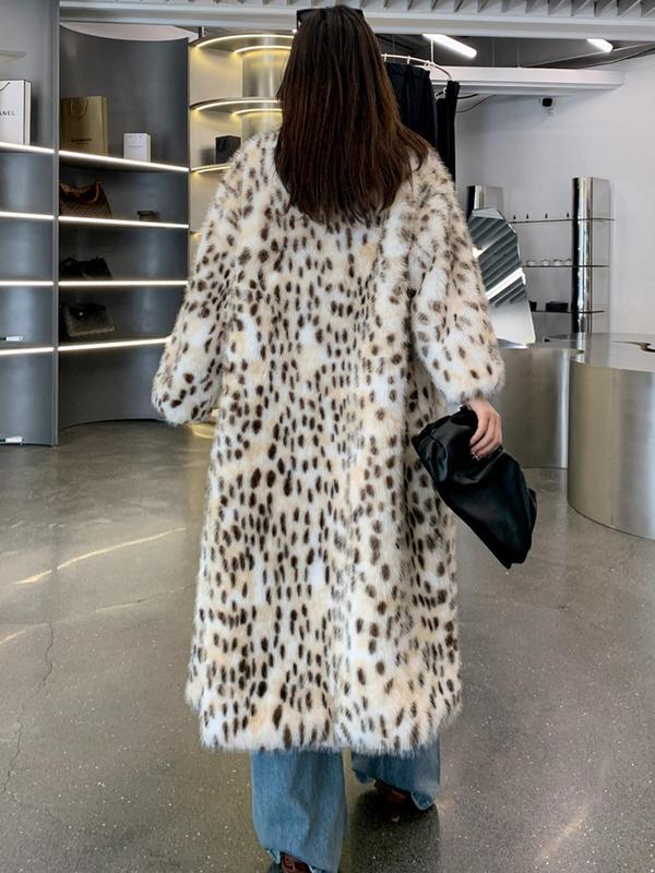 Women's Leopard Print Faux Fur Coat, Casual Long Sleeve Waterfall Collar Fuzzy Coat for Fall & Winter, Women's Clothing for Daily Wear