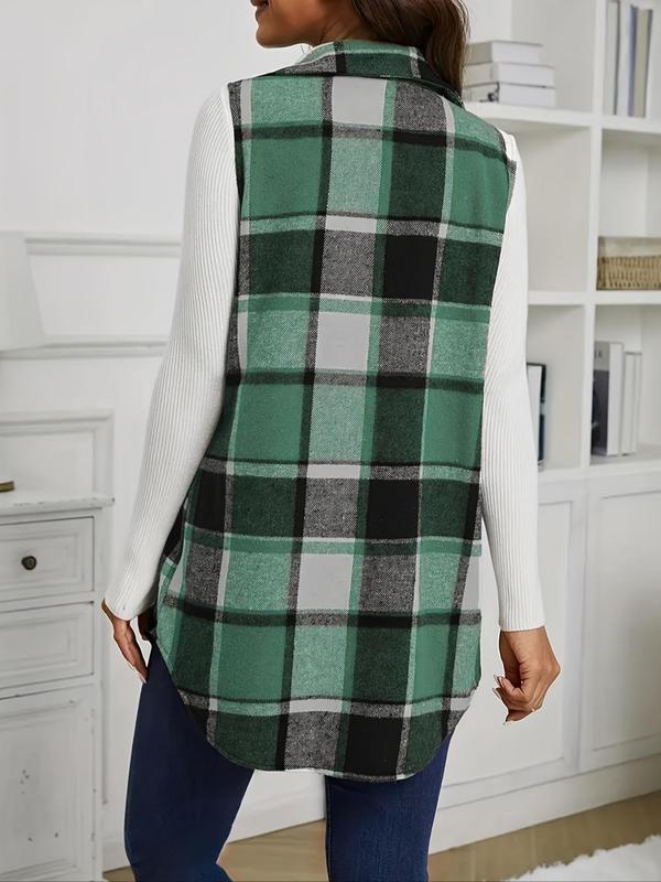 Women's Plaid Print Button Front Vest Coat, Casual Sleeveless Collared Outerwear for Spring & Fall, Ladies Clothes for Daily Wear