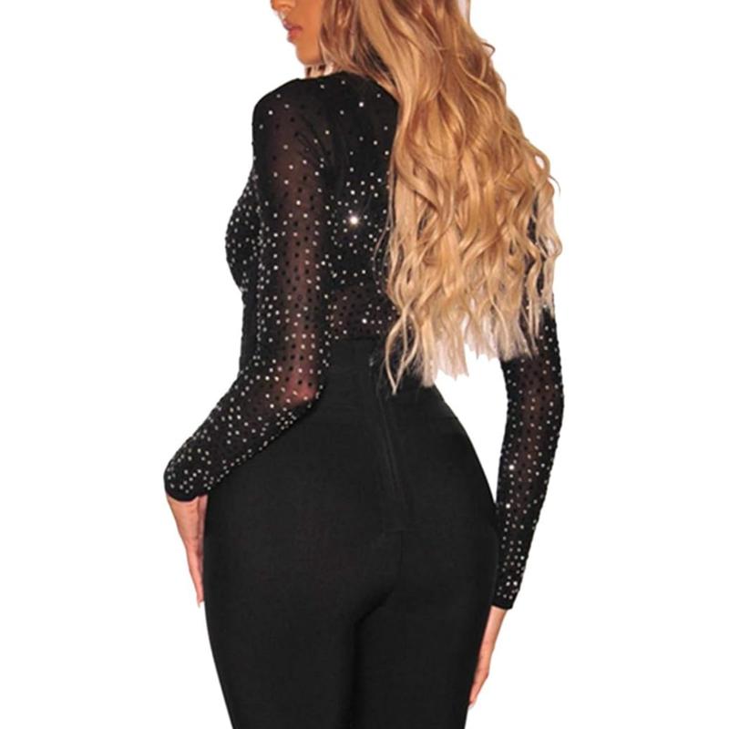 SEBOWEL Women Sexy Long Sleeves Mesh See Through Jumpsuit Party StyleBodysuit Top Leotard