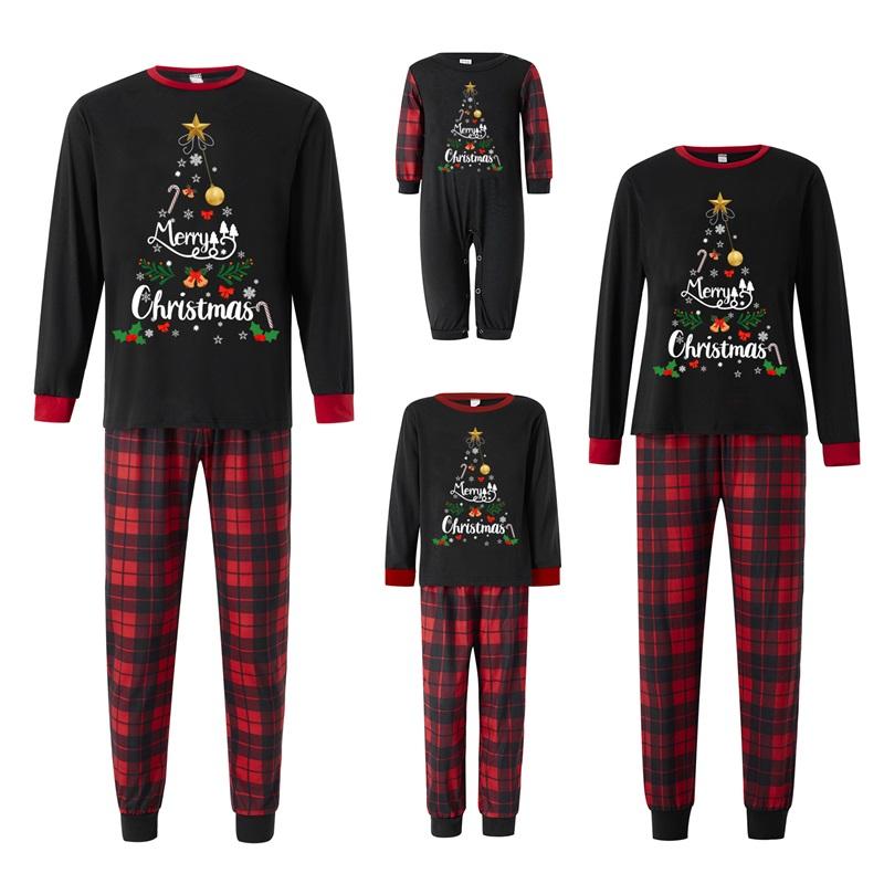 Matching Christmas Pajamas For Family, Letter & Snowflake Print Long-Sleeved Tops + Plaid Trousers Sleepwear Outfits