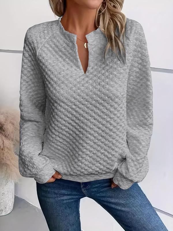 Women's Plain Notched Neck Jacquard Knit Sweatshirt, Fall Outfits, Casual Raglan Sleeve Pullover for Fall & Winter, Women's Fall Clothes for Daily Wear