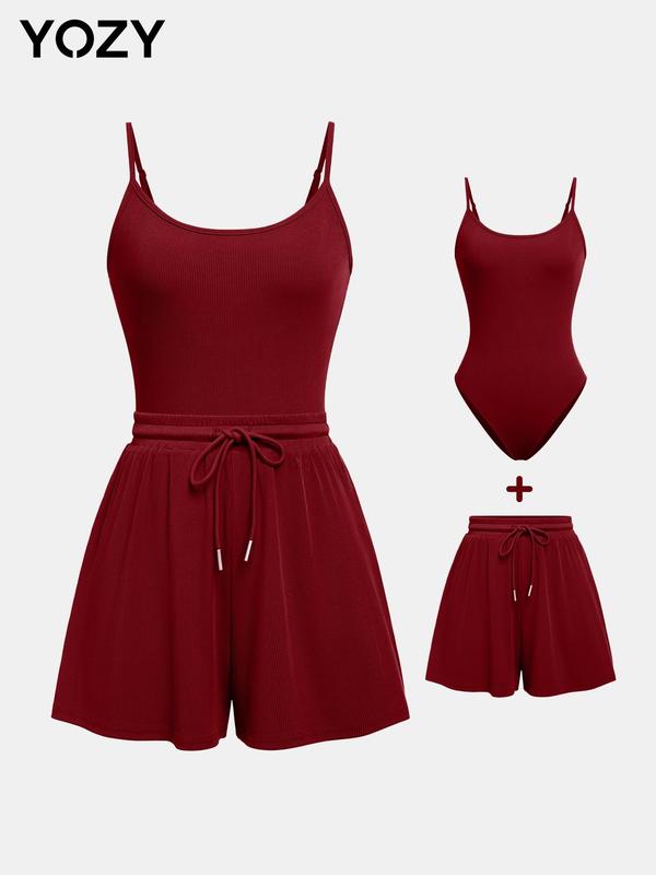 YOZY [10 colors, size 0 2-14]  Adjustable Strap Cami Bodysuit & Drawstring Wide Leg Shorts Set  Casual Round Neck Sphaghetti Strap Bodysuit & Elastic Shorts Set, 2024 Women's Wear for Summer, [XS-XXL]