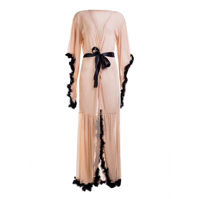 Women Long Sleeve Plush Robe Luxury Kimono See Through Extra Long Babydoll Nightgown Dress