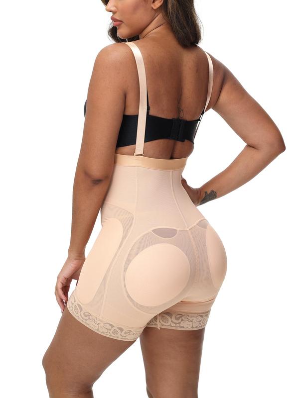 Women's Contrast Lace Zipper Fly Shapewear Shorts with Four Pads, Adjustable Strap Back To School Shapewear Bottoms, High Stretch Tummy Control Butt Lifter, Tummy Hiding Body Shapewear Clothes, Summer Wear