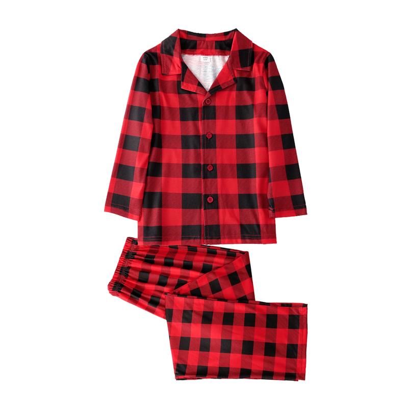 Red Black Matching Christmas Pajamas For Family, Plaid Print Long Sleeve Lapel Shirt, Pants, Dress, Jumpsuit, Dog Triangular Bib