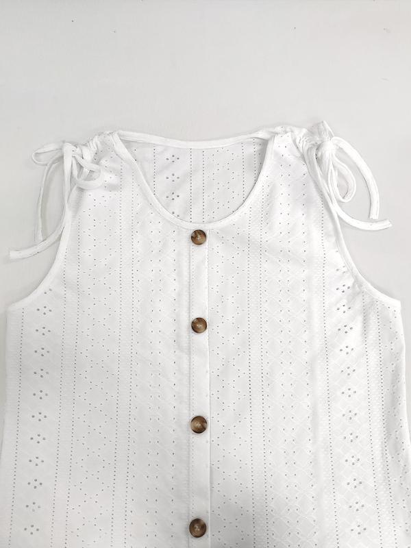 Women's Eyelet Embroidery Drawstring Tie Shoulder Tank Top, Casual Sleeveless Round Neck Button Decor Top, Women's Summer Clothes for Daily Wear, Vacation Outfits 2024