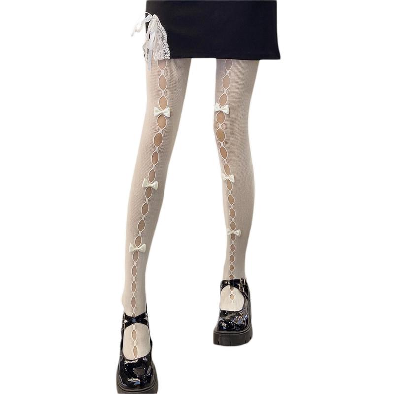 Women Lace Pantyhose Y2K Bow Knot Decors Hollow Out Sheer Comfortable Tights Lolita Fishnet Stockings Sexy Leggings for Party Club