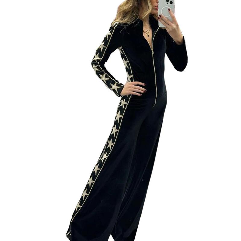 Women's Full-Length Velvet Jumpsuit, Star Print Long Sleeve Front Zipper Closure Playsuit Clubwear,Spring&Fall Holiday Outfits, Spring&Fall Sets 2024,Ladies Spring&Fall Clothes Womenswear Overalls