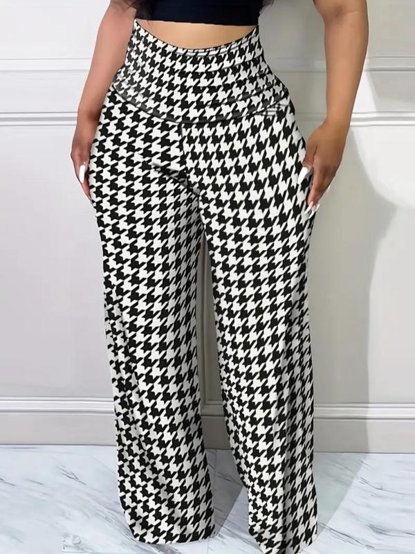 Women's Houndstooth   Plaid Print Elastic Waist Wide Leg Pants, Casual Comfy Trousers for Spring & Fall, Women's Bottoms for Daily Wear