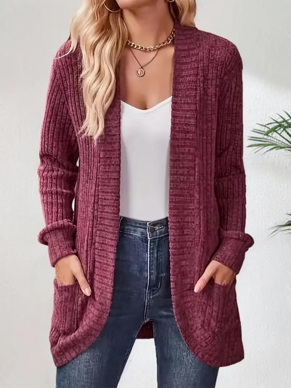 Women's Solid Color Pocket Ribbed Open Front Coat, Casual Long Sleeve Outerwear for Spring & Fall, Women's Clothing for Daily Wear