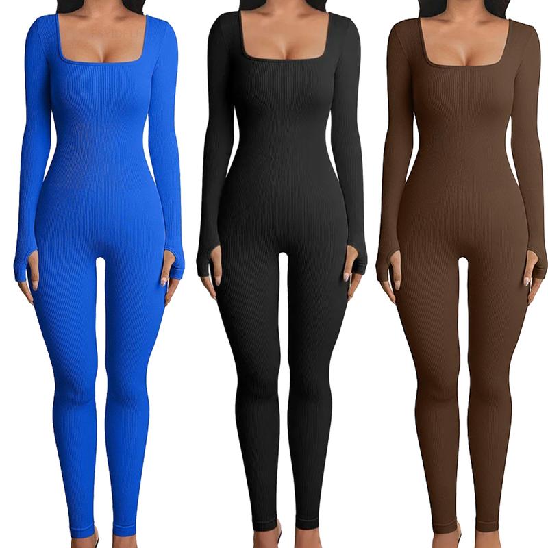 Kabuer Women's High Waisted Ribbed One-Piece Jumpsuit Abdominal Control Slim Womenswear Solid Cotton Skinny Comfort Longsleeves Collar Crew Neck