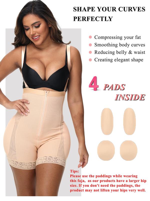 Women's Contrast Lace Zipper Fly Shapewear Shorts with Four Pads, Adjustable Strap Back To School Shapewear Bottoms, High Stretch Tummy Control Butt Lifter, Tummy Hiding Body Shapewear Clothes, Summer Wear