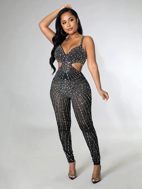 Women's Rhinestone Decor Sheer Cut Out Backless Skinny Cami Jumpsuit, Fashion Casual Zipper Back  Sleeveless Jumpsuit for Party Club Dating Wear, Women's Clothing for Summer