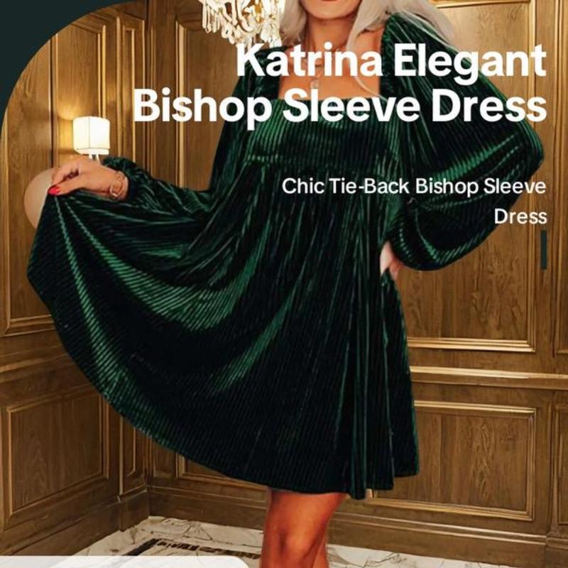 Katrina Exclusive Women's Plain Bishop Sleeve Tie Back Square Neck Dress, Elegant Long Sleeve A Line Short Dress for Party Holiday Wedding Guest, Ladies Clothes for Winter carnation  birthday stained  glass dress italian wedding  dress