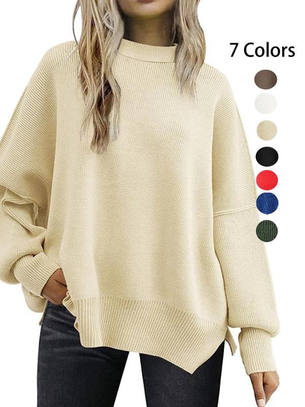 Women's Plain Split Hem Drop Shoulder Sleep Top, Casual Long Sleeve Mock Neck Jumper for Spring & Fall, Fashion Ladies' Knitwear for Daily Wear