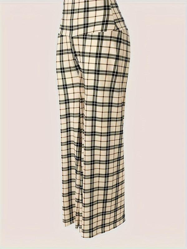 Women's Houndstooth   Plaid Print Elastic Waist Wide Leg Pants, Casual Comfy Trousers for Spring & Fall, Women's Bottoms for Daily Wear