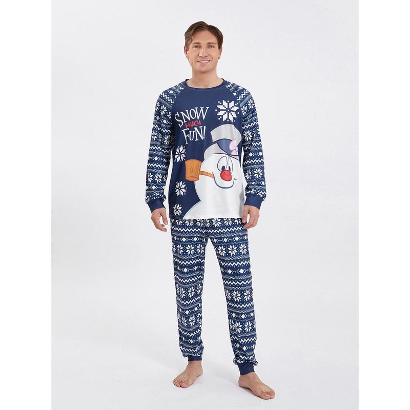 Snowman Print Matching Christmas Pajamas For Family Snowman Print Long Sleeve Tops and Snowflake Print Pants Sleepwear