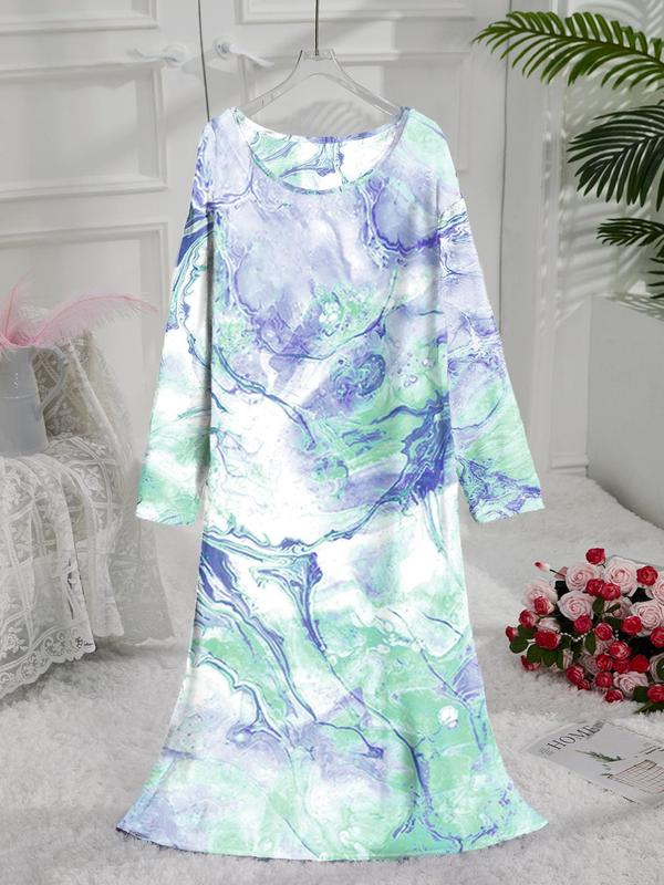  All Over Print Long Sleeve Nightdress, Casual Comfy Round Neck Nightgown for Women, Women's Sleepwear for Spring & Fall