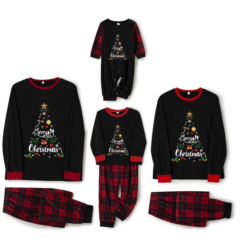 Matching Christmas Pajamas For Family, Letter & Snowflake Print Long-Sleeved Tops + Plaid Trousers Sleepwear Outfits