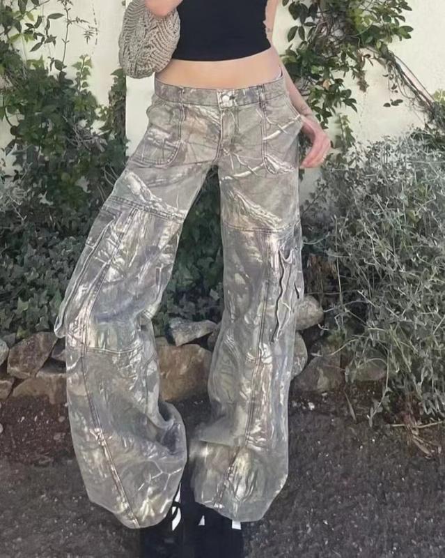 Overalls Hot Girl Baddies Camouflage Pants Straight Loose Low Waist Pocket