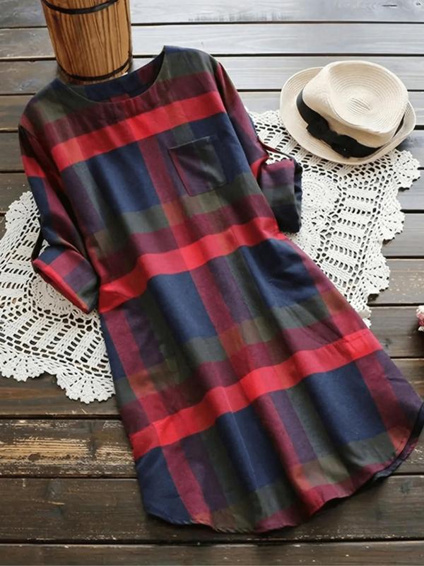 Women's Plaid Print Roll Up Sleeve Longline Blouse, Casual Long Sleeve Round Neck Pocket Top for Daily Wear, Ladies Clothes for All Seasons