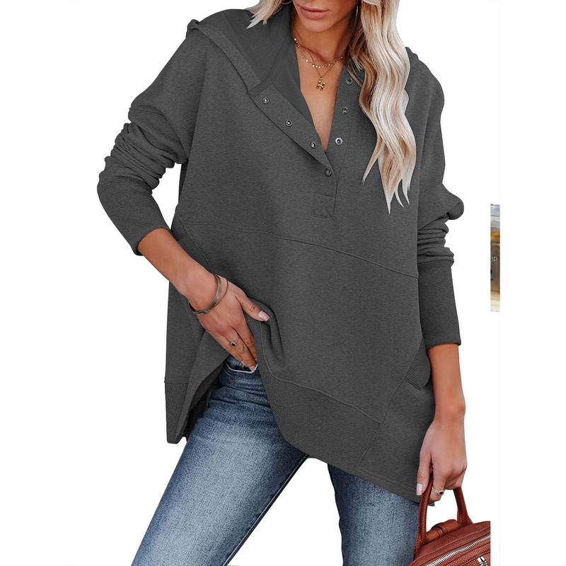 CHICZONE Women Fall Casual Sweatshirts Top Button V Neck Oversized Cotton Basic Henley Pullover Hoodie 2024 Fashion Outfit Clothing Womenswear Sweaters