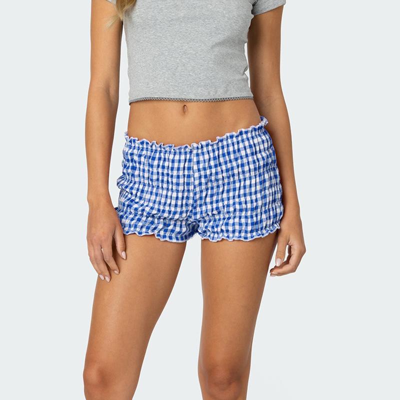 Women Y2k Ruffle Shorts Ruched Plaid Shorts Micro Shorts Pajama Bottoms Y2k Cute Pettipants Gingham Boxer Shorts