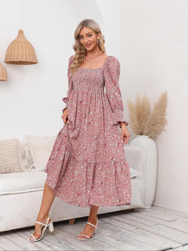 Women's Ditsy Floral Print Shirred Backless A Line Dress, Boho Bishop Sleeve Square Neck Long Dress for Beach Holiday Vacation, Ladies Clothes for All Seasons