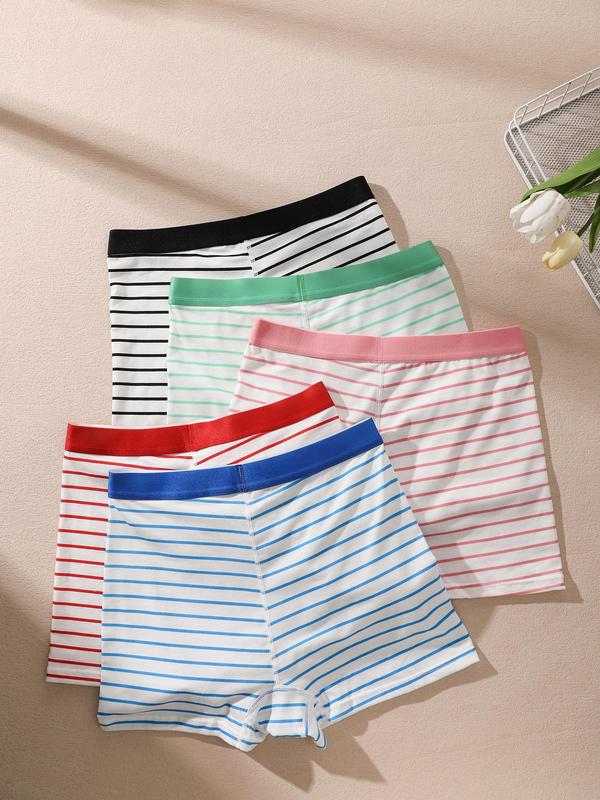 Women's 5pcs Striped Print Button Boyshorts, Soft Comfy Breathable High Stretch Natural Waist Panties, Underwear for Fall, Womenswear Panty Shorts