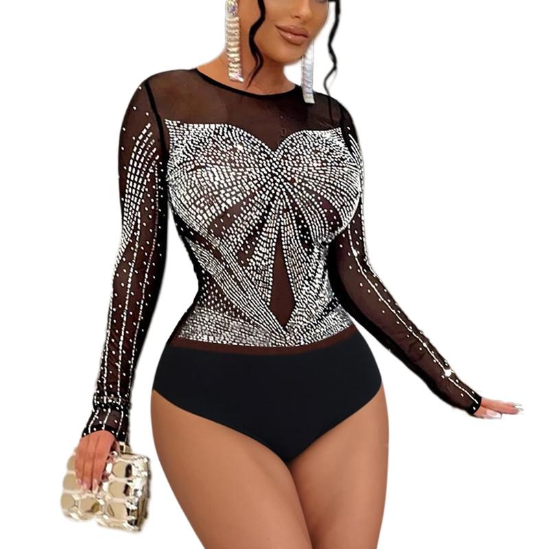 Women's Long Sleeve Silver Studs Rhinestone Bow Sheer Mesh Bodysuits Shirt Turtle Neck Clubwear Party Festival Concert Evening Going Out Thanksgiving Gift Outfit Top Black