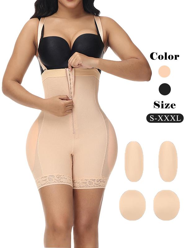 Women's Contrast Lace Zipper Fly Shapewear Shorts with Four Pads, Adjustable Strap Back To School Shapewear Bottoms, High Stretch Tummy Control Butt Lifter, Tummy Hiding Body Shapewear Clothes, Summer Wear