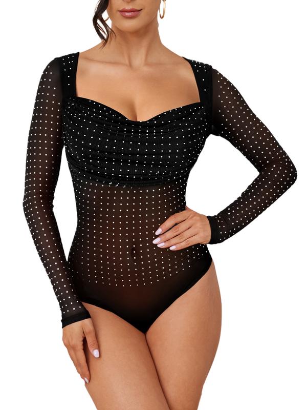 Women's Christmas 2024 Sparkle Rhinestone Bodysuit Top Long Sleeve Turtleneck Soft Sheer Mesh Thong Concert Party Music Festival Glitter Light Body Suits Dance Clothing Outdoors