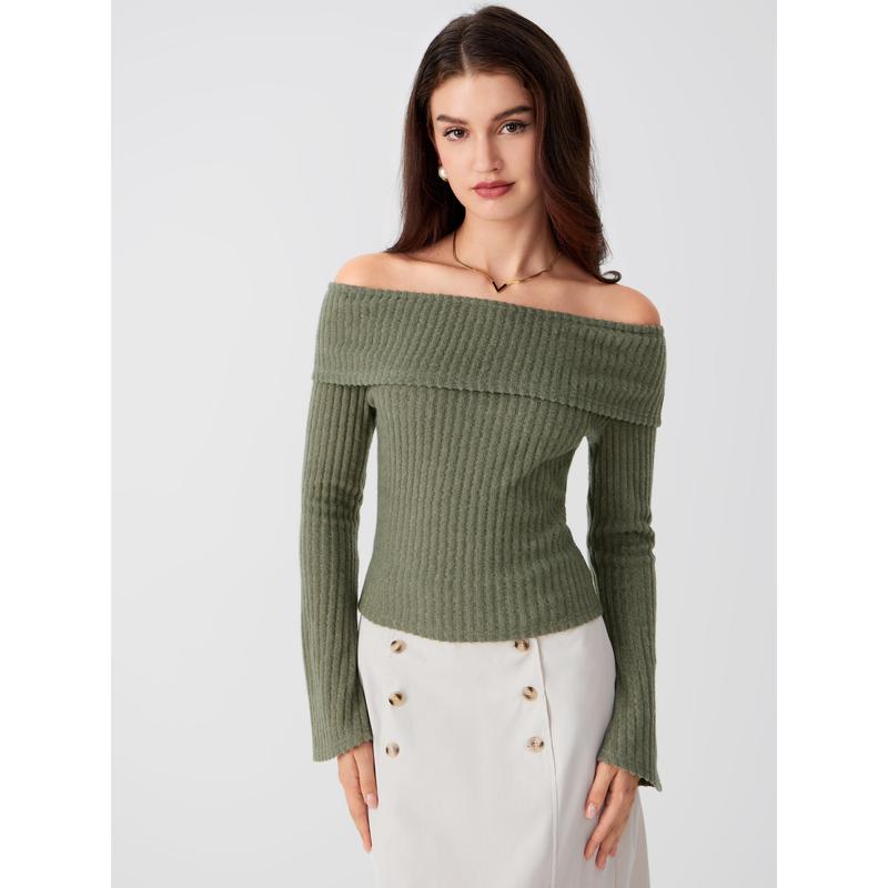 Cider [6 colors, Size 0-26] Off-shoulder Solid Long Sleeve Top