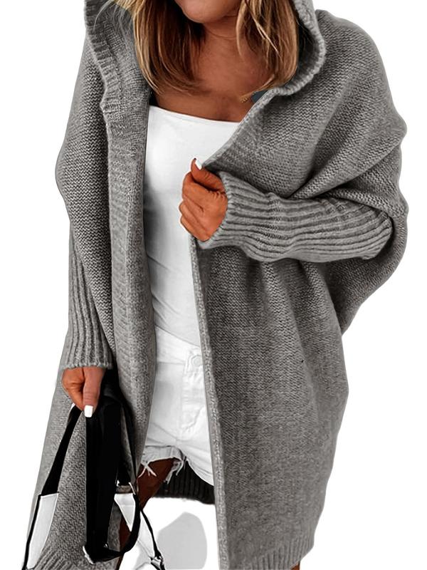 Women's Solid Batwing Sleeve Hooded Sweater Cardigan, Casual Long Sleeve Open Front Knitwear for Fall & Winter, Women's Knit Clothing for Daily Wear